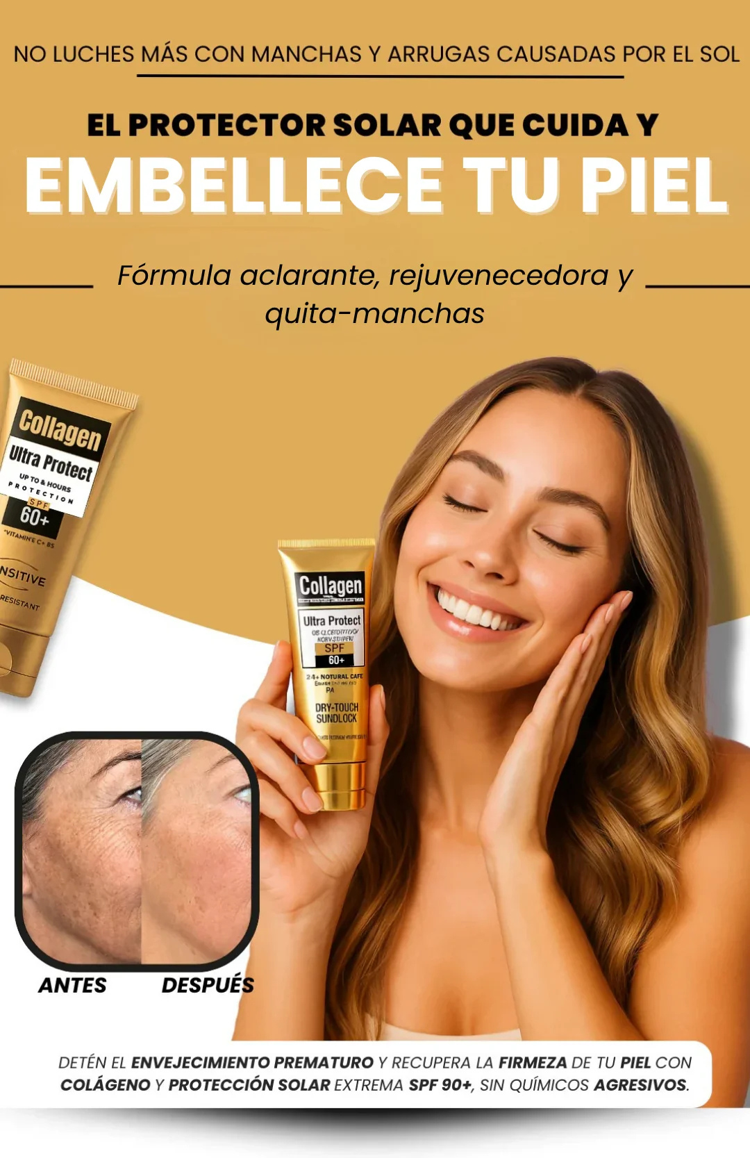 Protector Solar Premium con Colágeno SPF 90+ | Toque Seco | 100 ml
